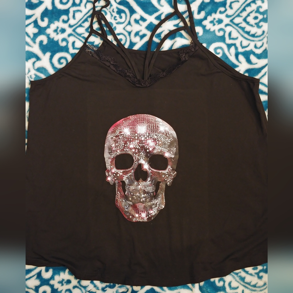 Black Tank Top with Rhinestone Skull Design